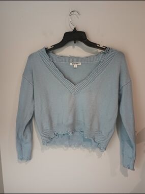 Wild Honey Light Blue V-Neck Cropped Knit Sweater